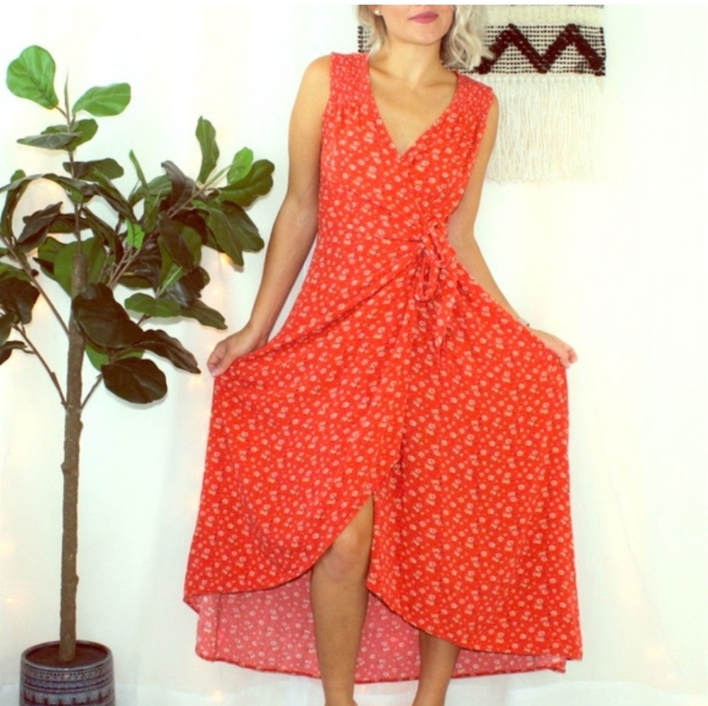 Orange Sleeveless Floral Wrap Dress- XL